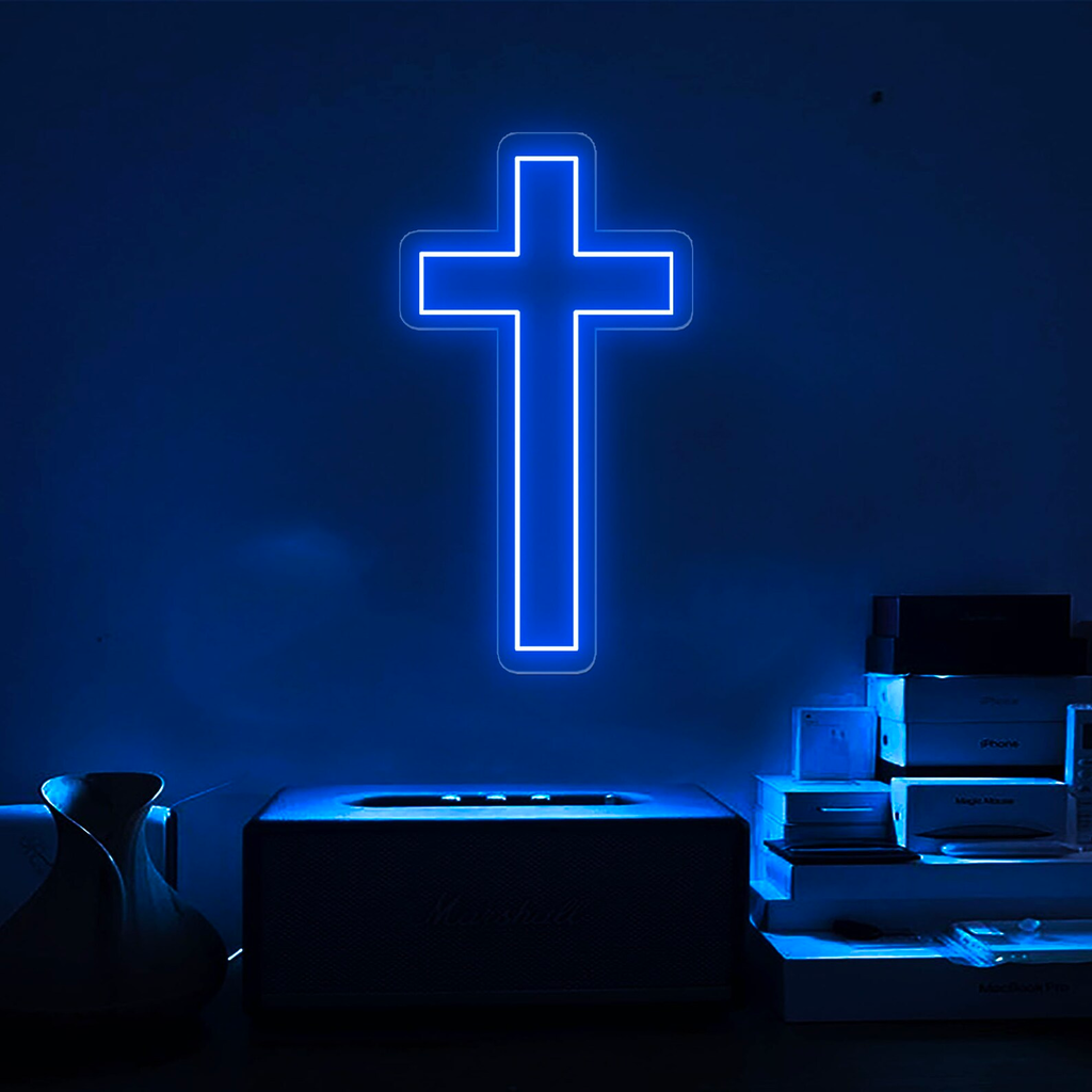 Blue Church Cross Neon Sign