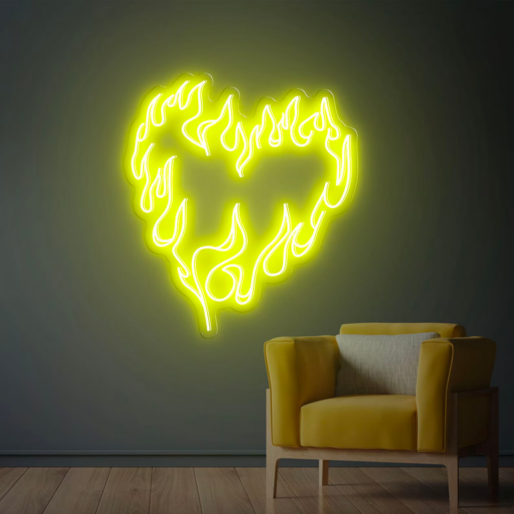 Fire Heart Neon Sign in Yellow