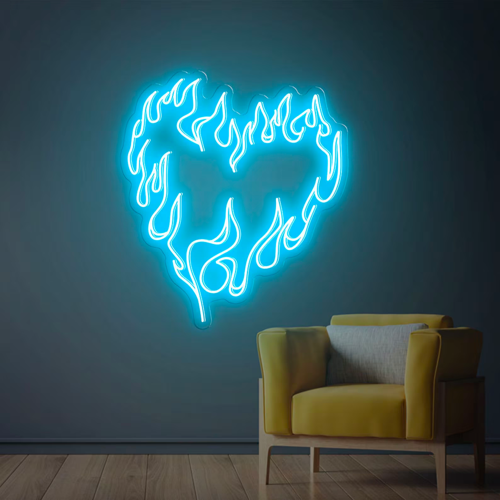Fire Heart Neon Sign in Ice Blue