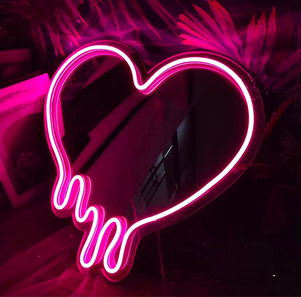 Dripping Heart Mirror Neon Sign in Pink