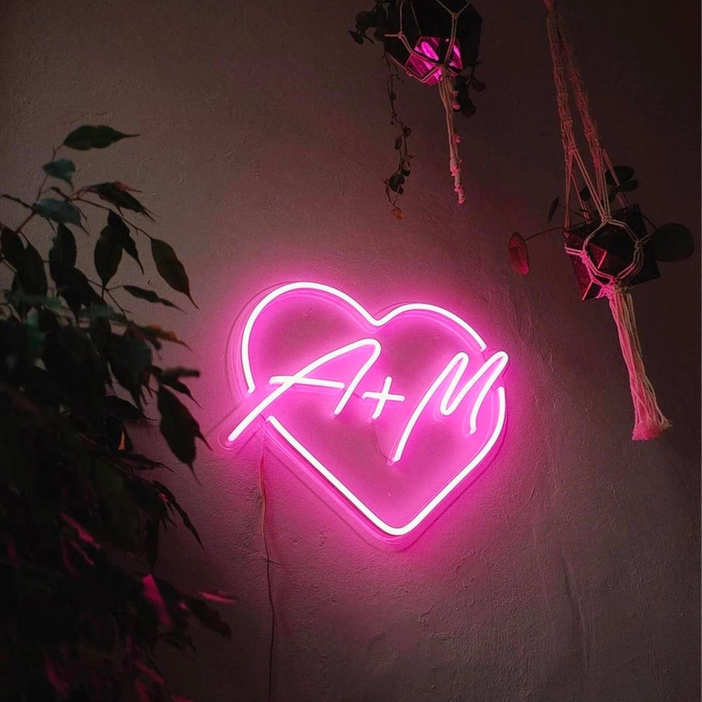 Custom Initial Wedding Love Heart Neon Sign in Pink
